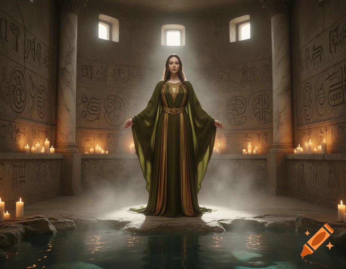 A priestess in a green gown stands in an ancient stone room with glowing candles, steam rising from a pool, and carved walls.