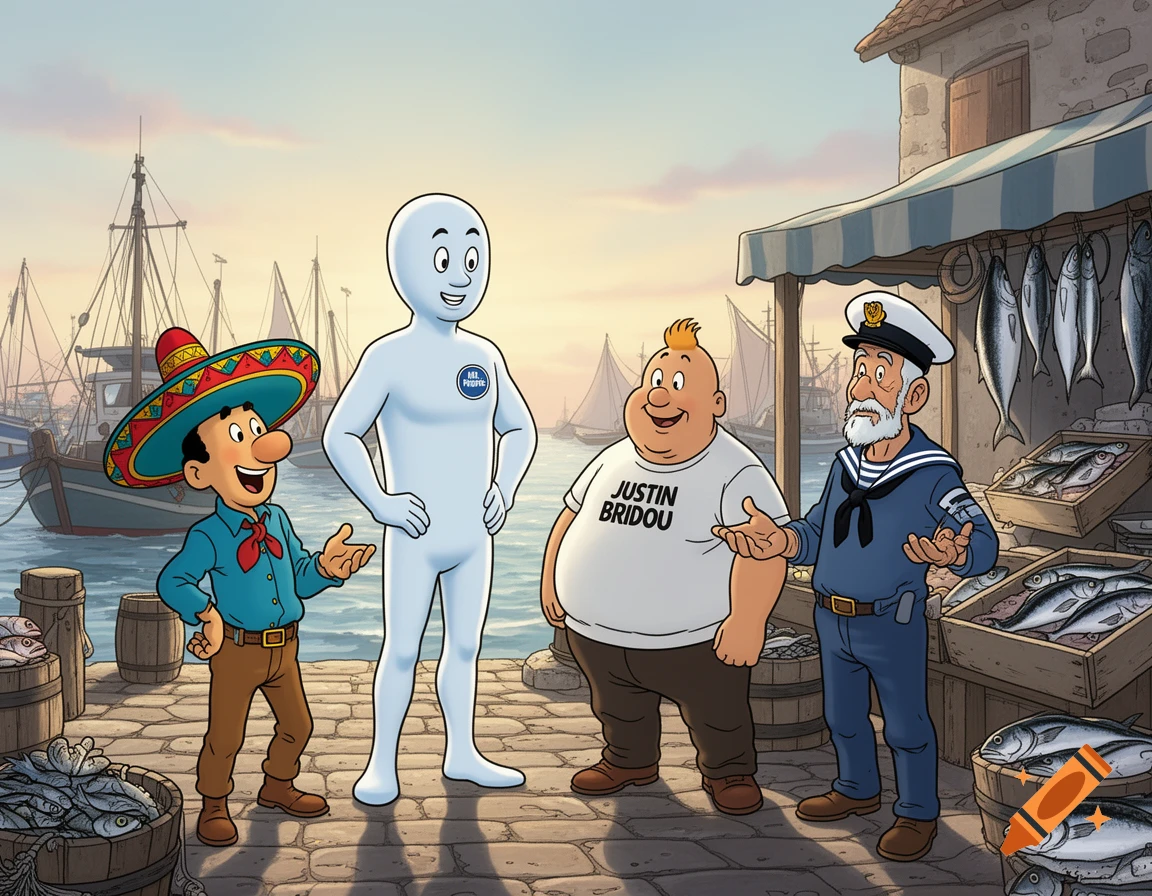 Cartoon characters Pépito, Mr. Propre (Nel Propre), Justin Bridou, and Captain Haddock (Captain Iglou) at a lively fishing port in Tintin style.