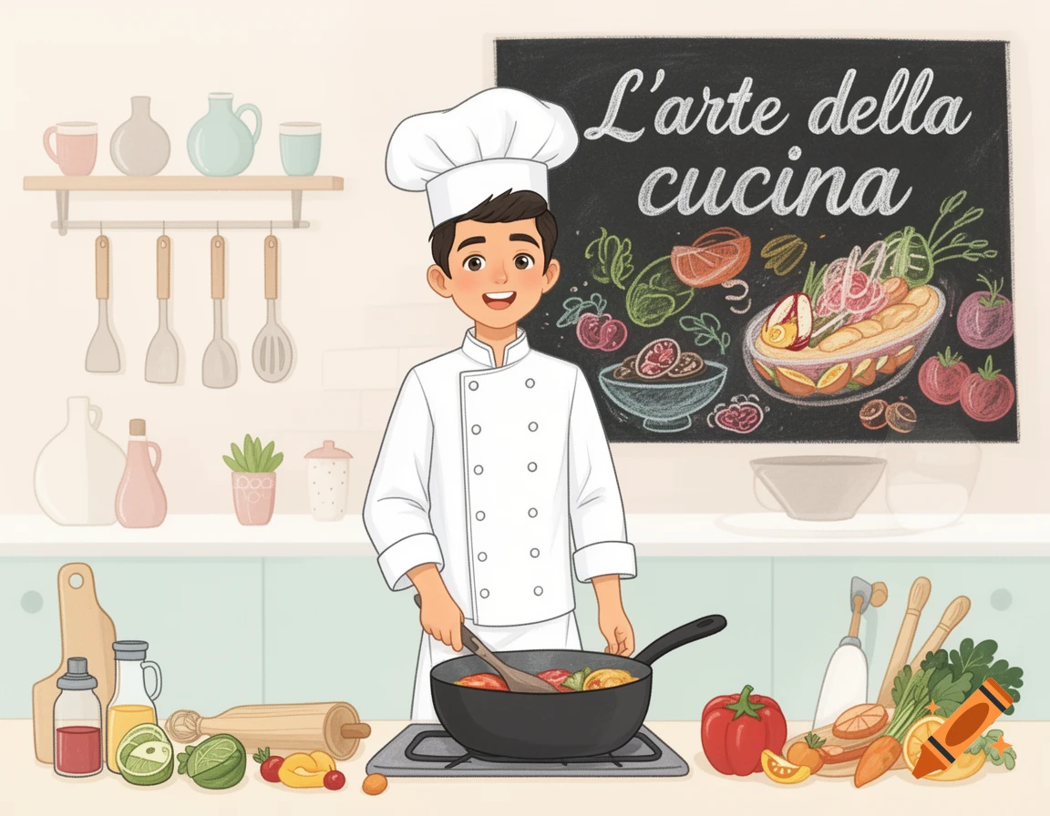 Cartoon illustration of a smiling chef in a white uniform stirring vegetables in a pan in a kitchen, with a chalkboard showing "L'arte della cucina" and food drawings behind him.