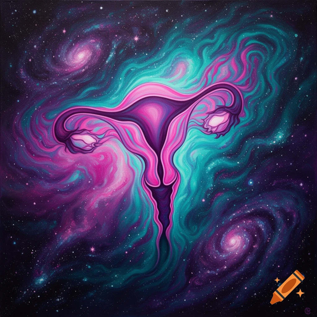 Psychedelic abstract painting of a uterus and fallopian tubes amidst a vibrant galaxy of pink and teal nebulae and stars.