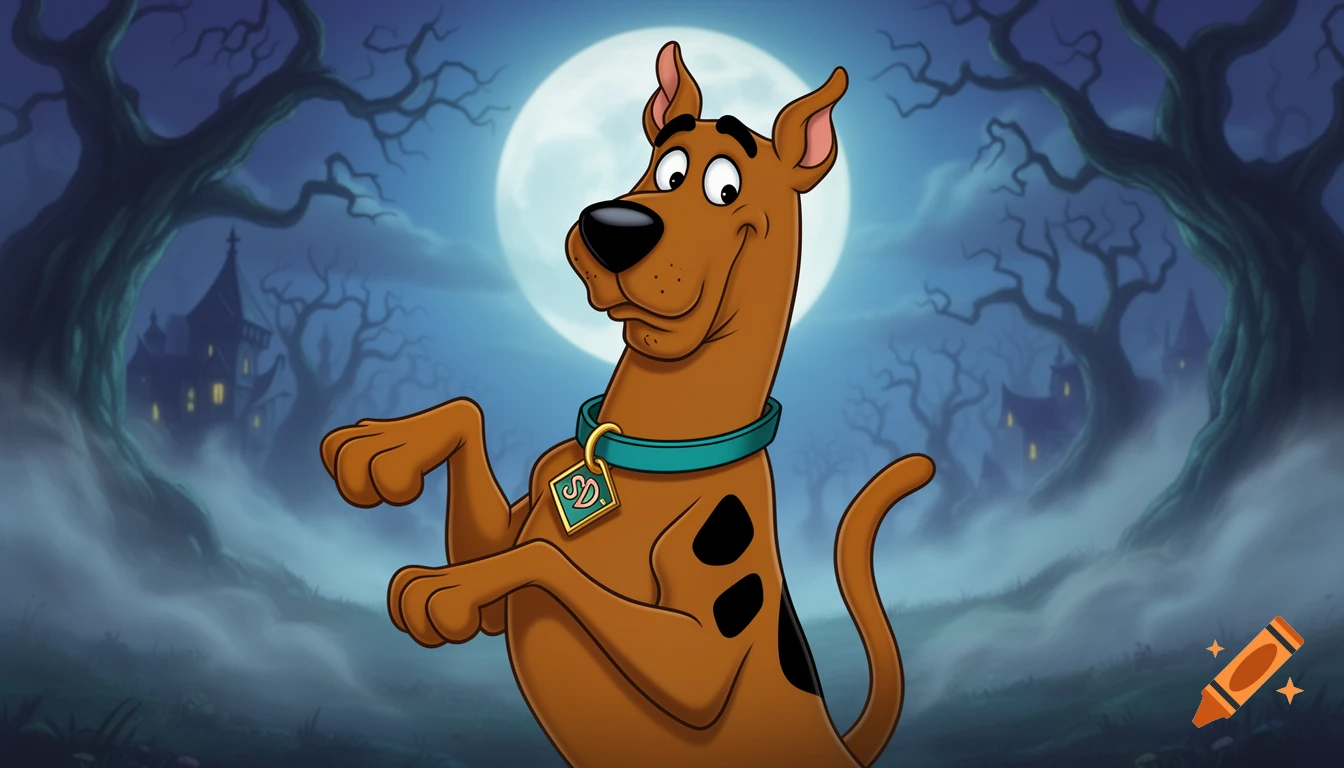 A cartoon Scooby Doo stands under a full moon in a foggy, haunted landscape with gnarled trees and a distant spooky mansion.