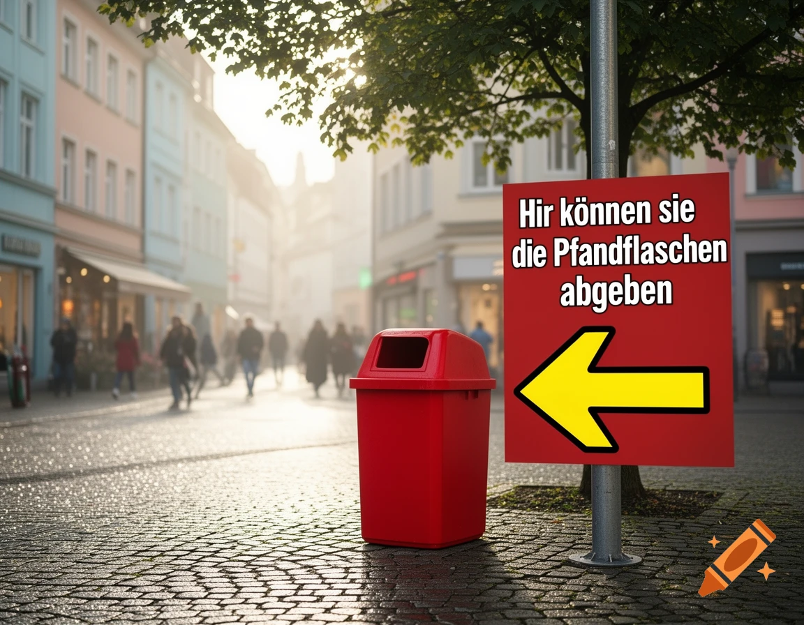 A red trash can stands next to a red sign with a yellow arrow pointing left on a cobblestone city street with blurred buildings and people in the background.