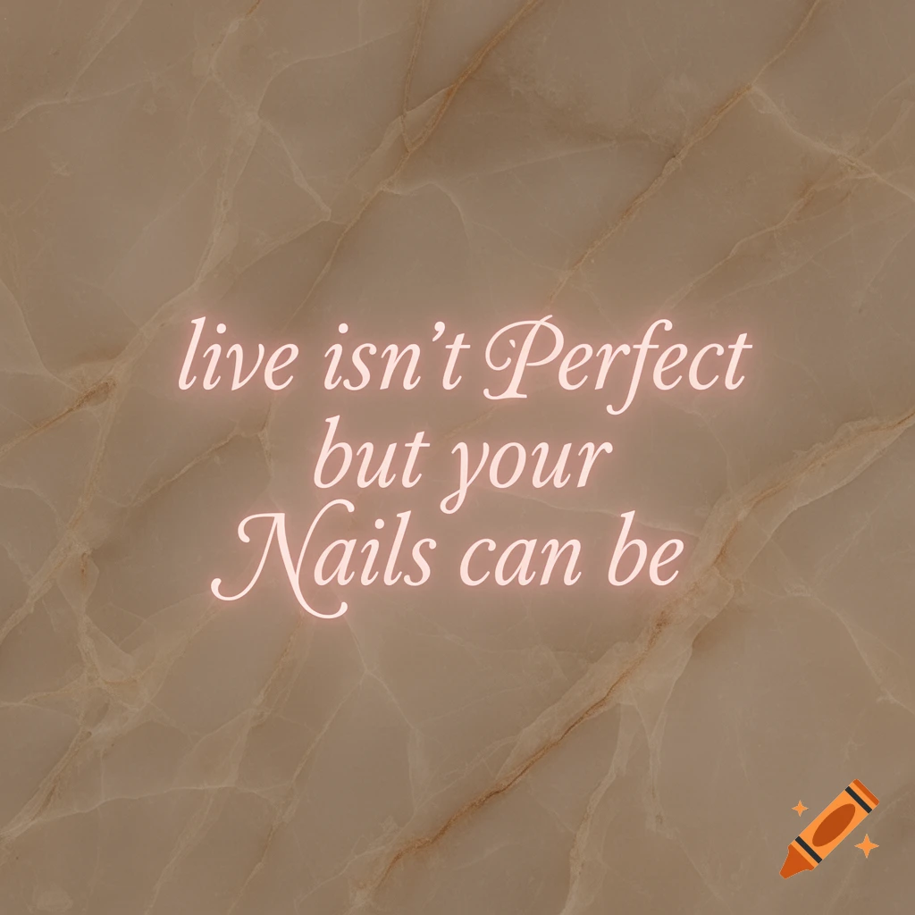 A light brown marble background with a glowing pink text quote that reads 'live isn’t Perfect but your Nails can be'.