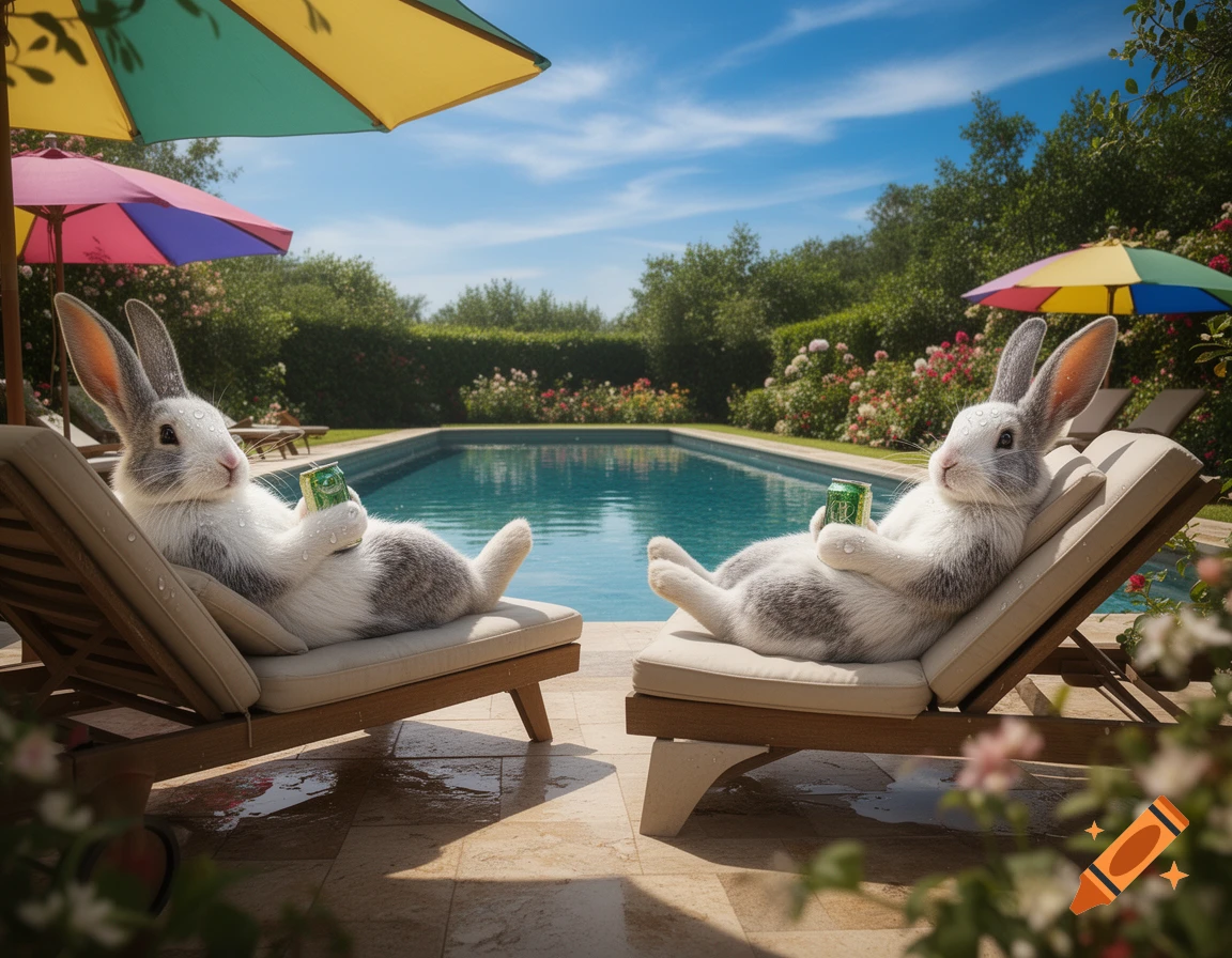 Two human-sized rabbits relax on lounge chairs by a swimming pool, holding green soda cans under colorful umbrellas.