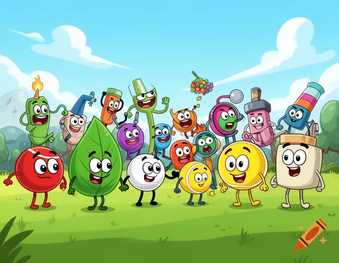 A large group of diverse, colorful anthropomorphic cartoon objects with happy faces stands on a green field under a blue sky.