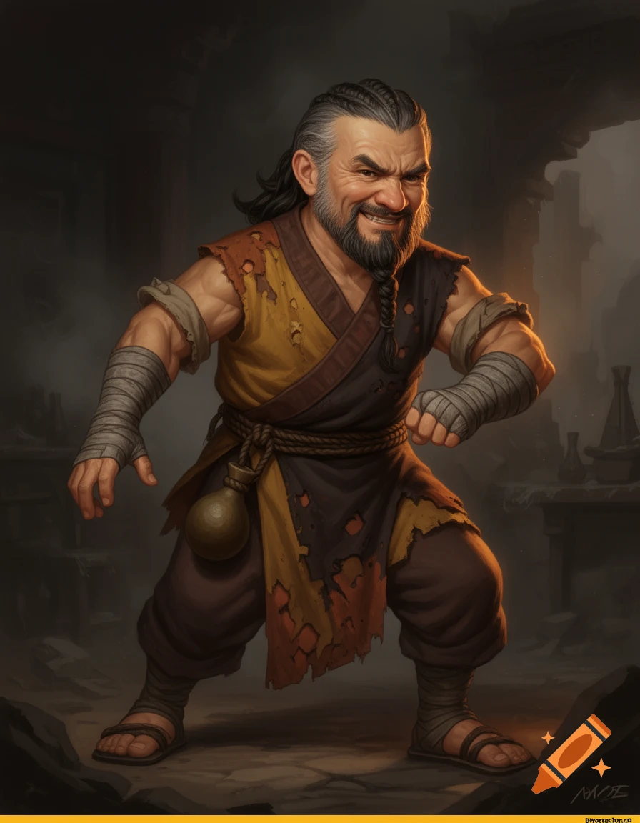 A muscular, weathered halfling monk with a sly grin and braided beard stands in a fighting stance, wearing a tattered robe in a dark fantasy setting.