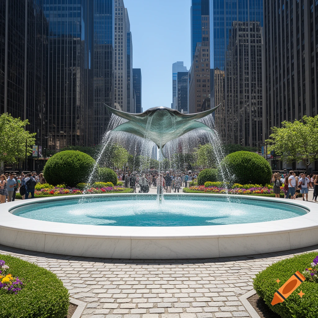 A large circular fountain with a manta ray sculpture spraying water in a sunny city park, surrounded by tall buildings and a crowd.