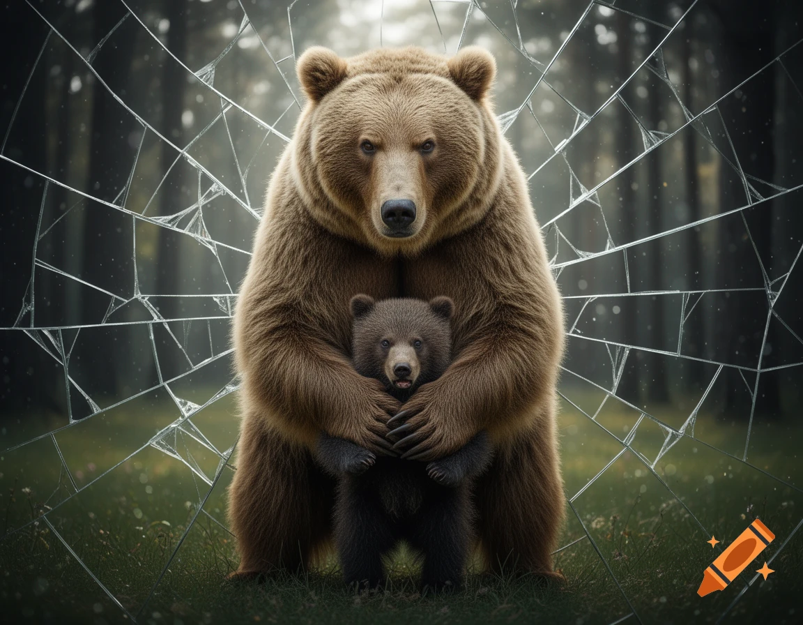 Photorealistic image of a large brown bear protectively holding a smaller bear cub in a forest with a cracked glass effect.