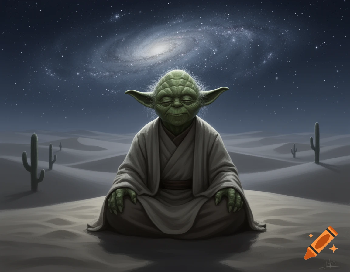 Yoda meditating peacefully in a desert landscape at night under a starry sky with a large spiral galaxy.