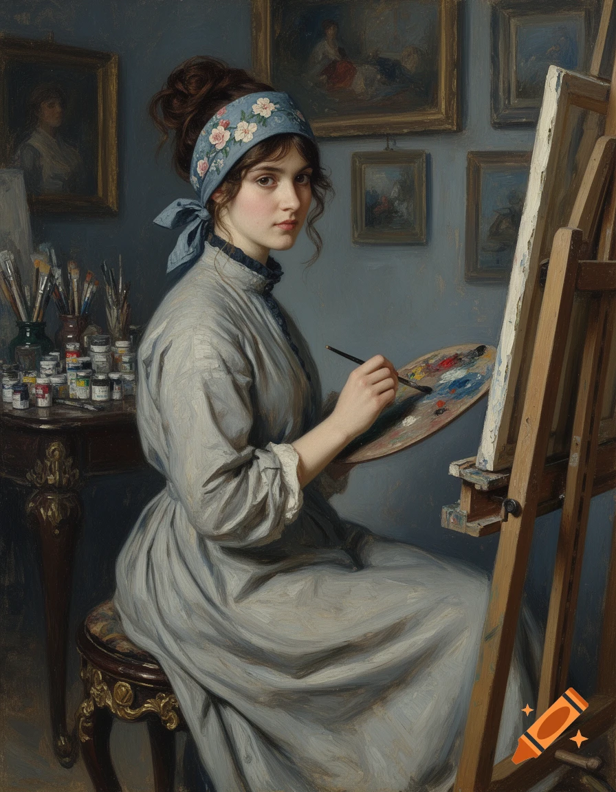 A young woman with dark hair and a floral bandana sits painting in a classical artist's studio, looking at the viewer. In the style of an oil painting.