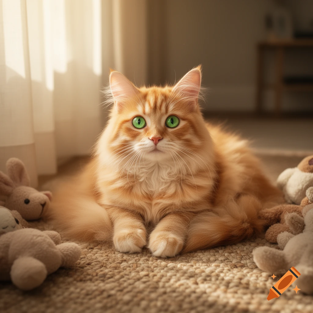 A fluffy orange cat with bright green eyes lies on a carpet, surrounded by plush toys, in warm sunlight.