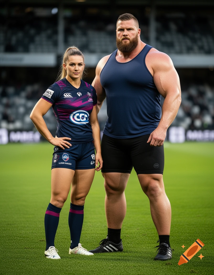 A female rugby player and a male strongman stand on a green sports field, both looking athletic and strong in a photorealistic portrait.