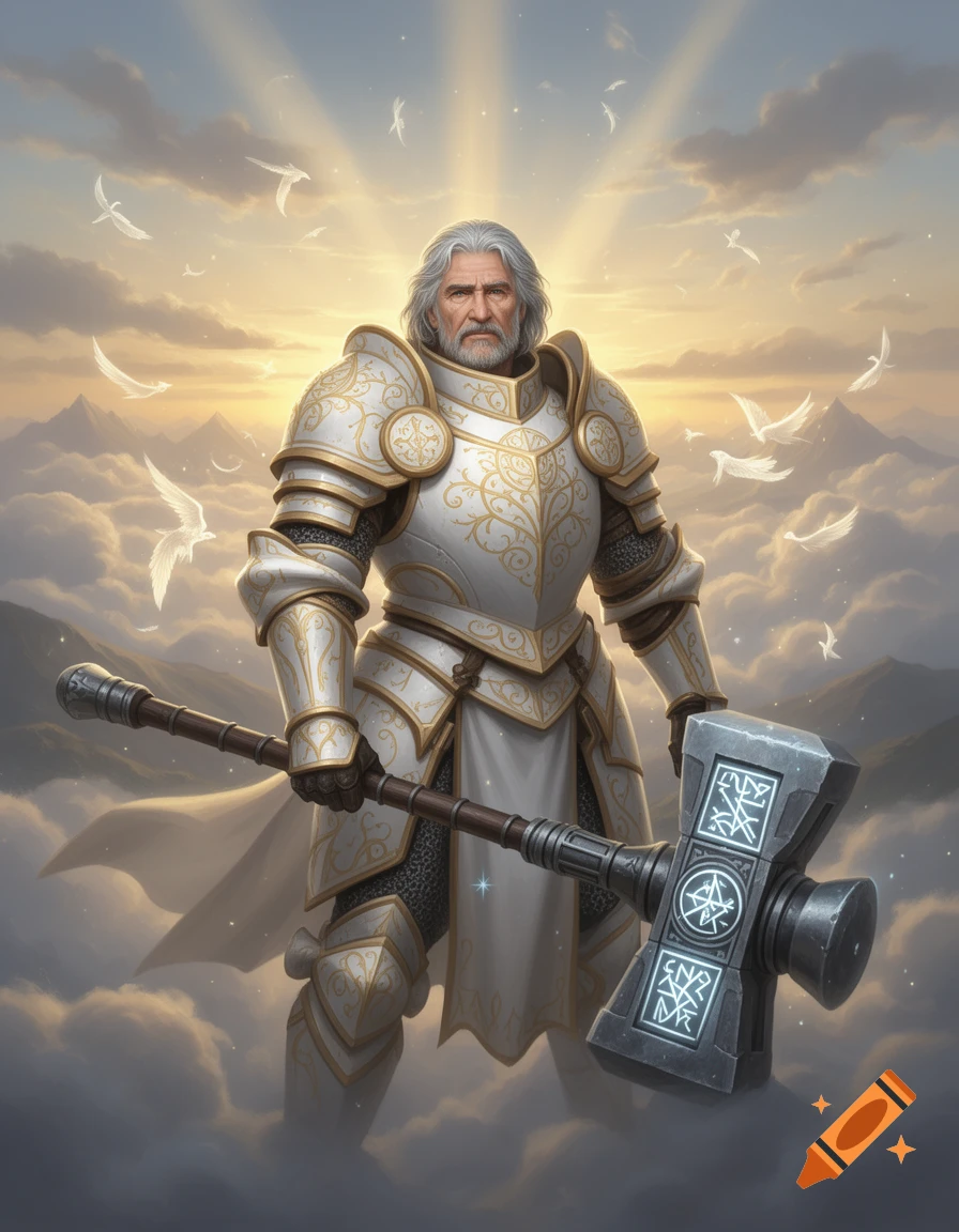 An older male paladin in ornate white and gold armor, holding a giant maul, stands amidst clouds with light rays and white birds at sunset.