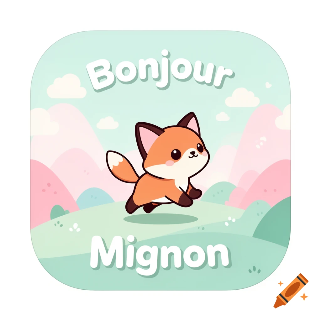 Cute kawaii cartoon fox running in a pastel landscape with "Bonjour" and "Mignon" text, designed as an app icon.