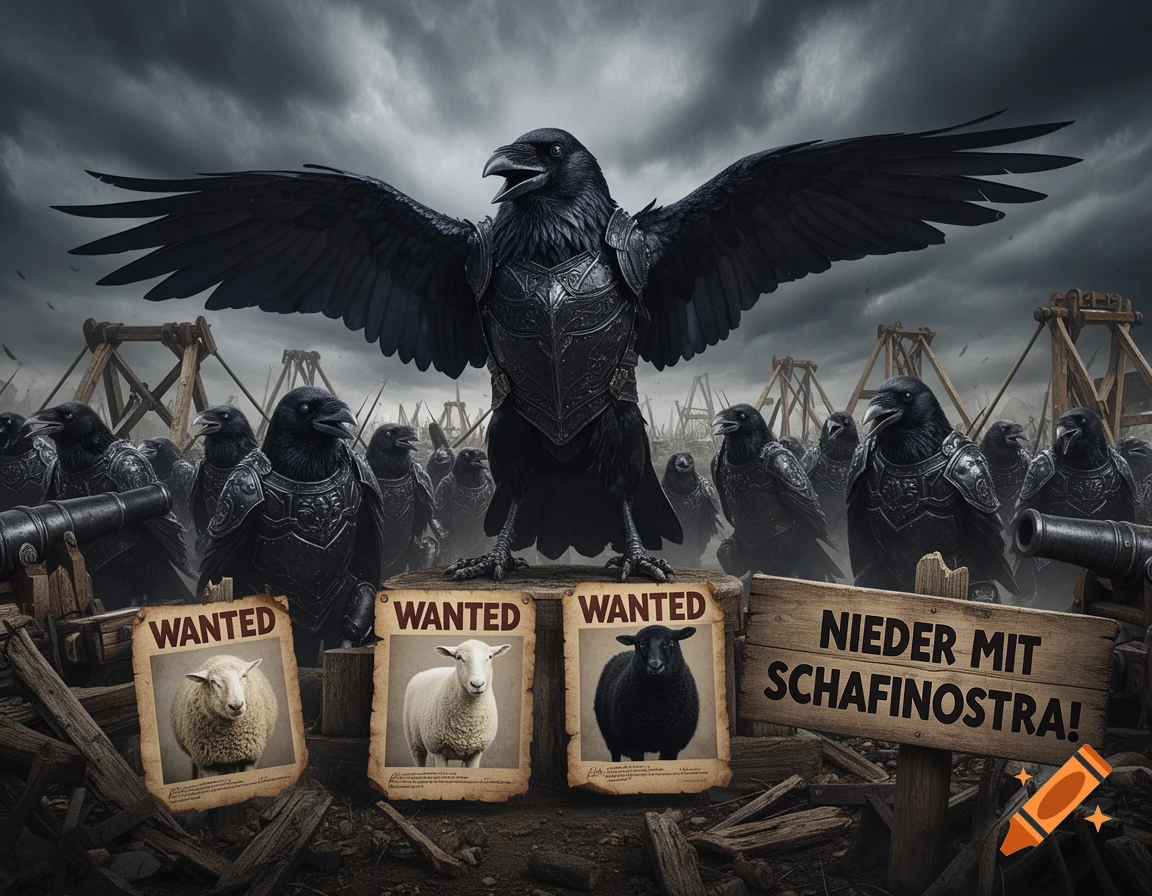 A giant armored raven leads an army of armed ravens under a stormy sky, with 'wanted' posters for sheep and a 'Down with Sheep-nostra!' sign.