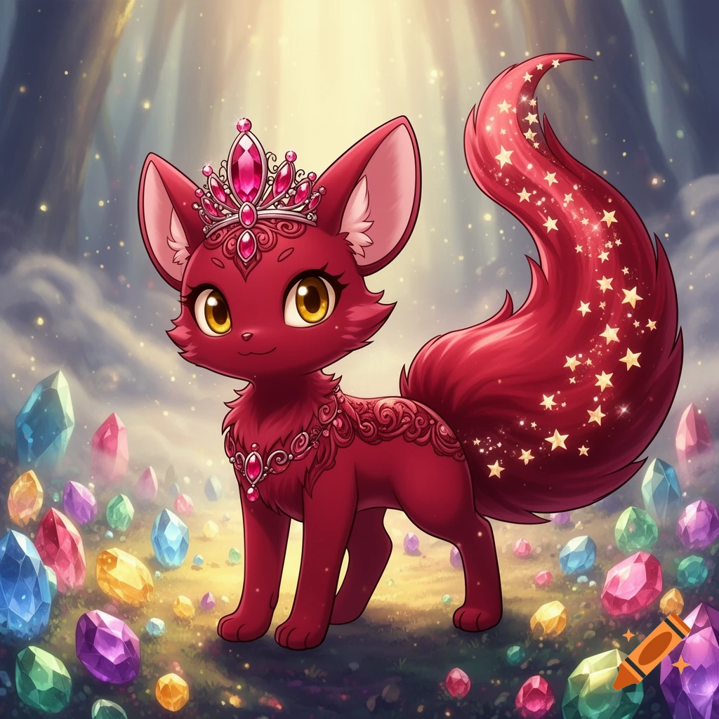 A red fox-like creature with big eyes, a pink jeweled crown, and a sparkling tail, stands among colorful gems in a magical forest.