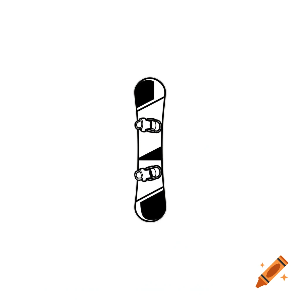 A simple black and white vector illustration of a snowboard with geometric patterns and bindings, centered on a white background.