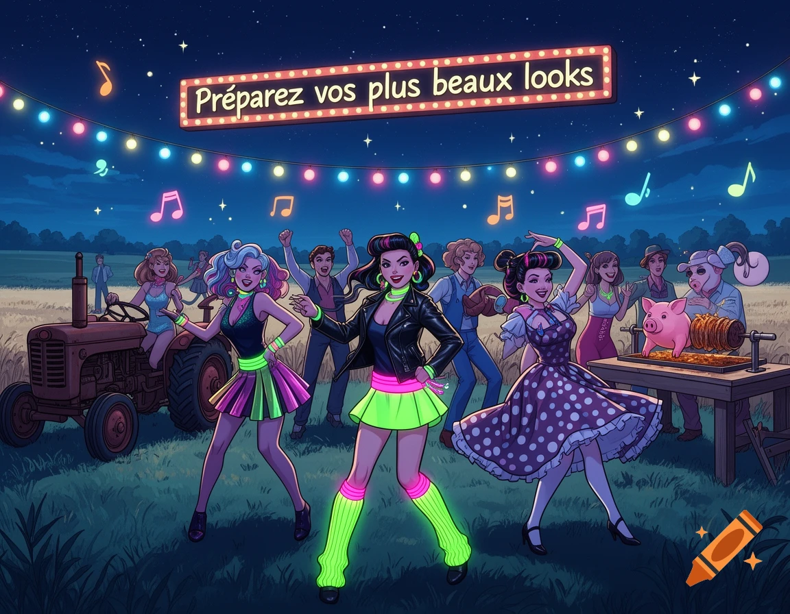 Cartoon illustration of a retro-themed outdoor night party with people dancing in 80s and rockabilly fashion, string lights, a tractor, and a pig roast.
