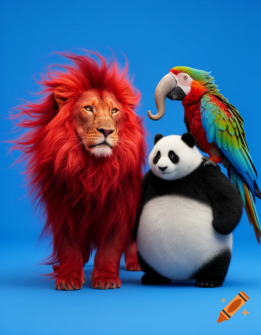 A photorealistic red-maned lion, a panda, and a colorful parrot with an elephant-like trunk stand together against a solid blue background.