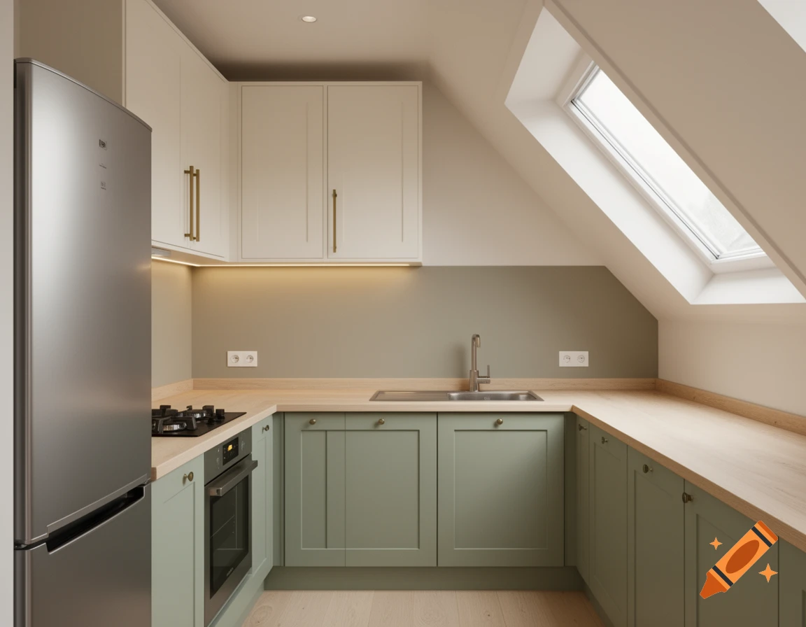 An L-shaped kitchen with off-white upper cabinets, sage green lower cabinets, light wood countertops, and a silver refrigerator. A skylight is visible above the longer counter section.