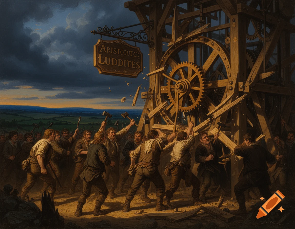 A dark oil painting depicts a mob of Luddites with hammers, destroying a large wooden mill machine under a cloudy twilight sky.