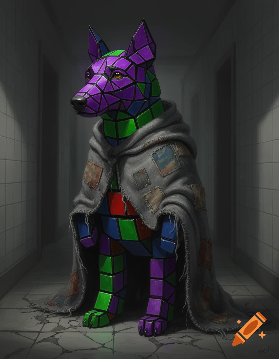 A semi-realistic, dog-like creature made of colorful Rubik's cube facets, wearing a tattered gray cloak, stands in a dim tiled corridor.