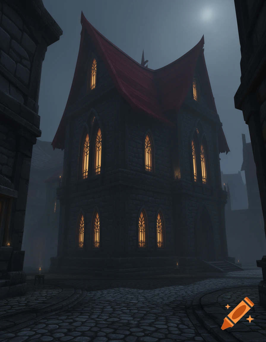 A dark gothic townhouse with a red roof and glowing windows on a cobbled street in a foggy fantasy setting.
