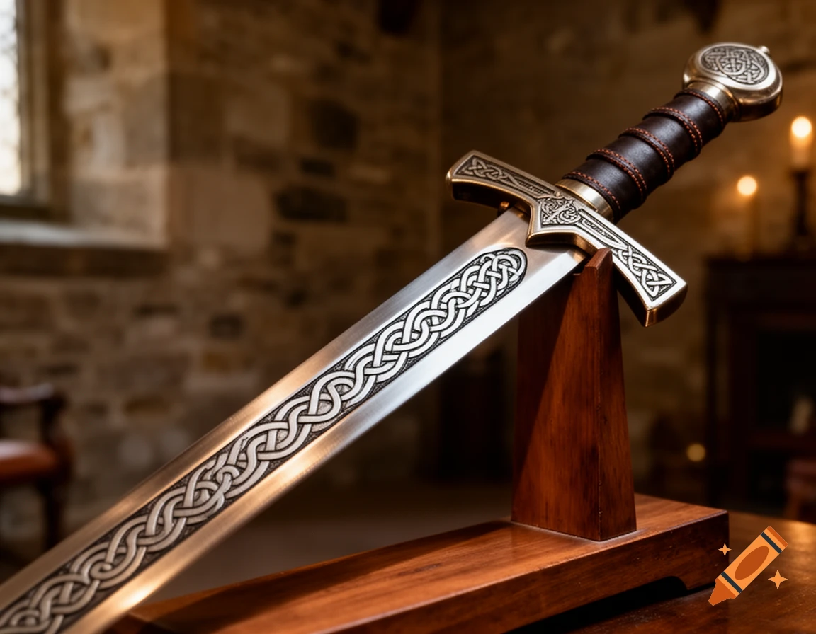 A detailed Scottish broadsword with intricate Celtic knot designs on its blade and hilt, displayed on a wooden stand.