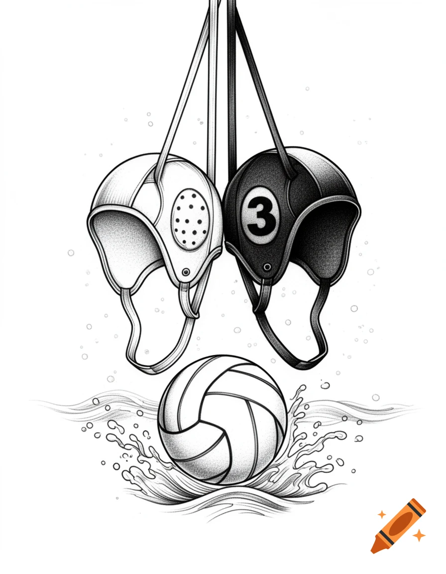 Black and white fineline tattoo illustration of two water polo helmets and a ball splashing in water.