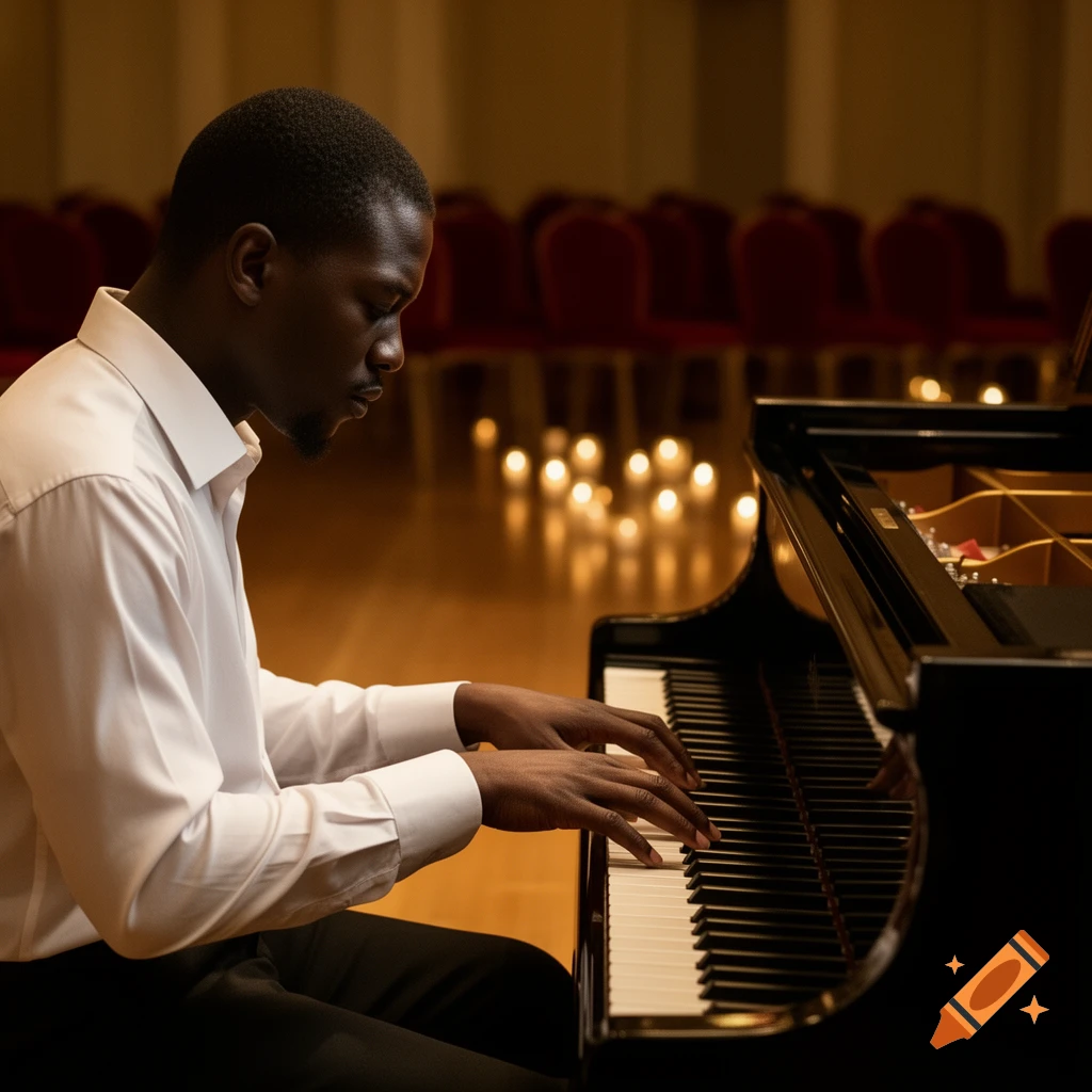 A Black man in a white shirt plays a grand piano on a candlelit stage with red chairs in the background, photorealistic.