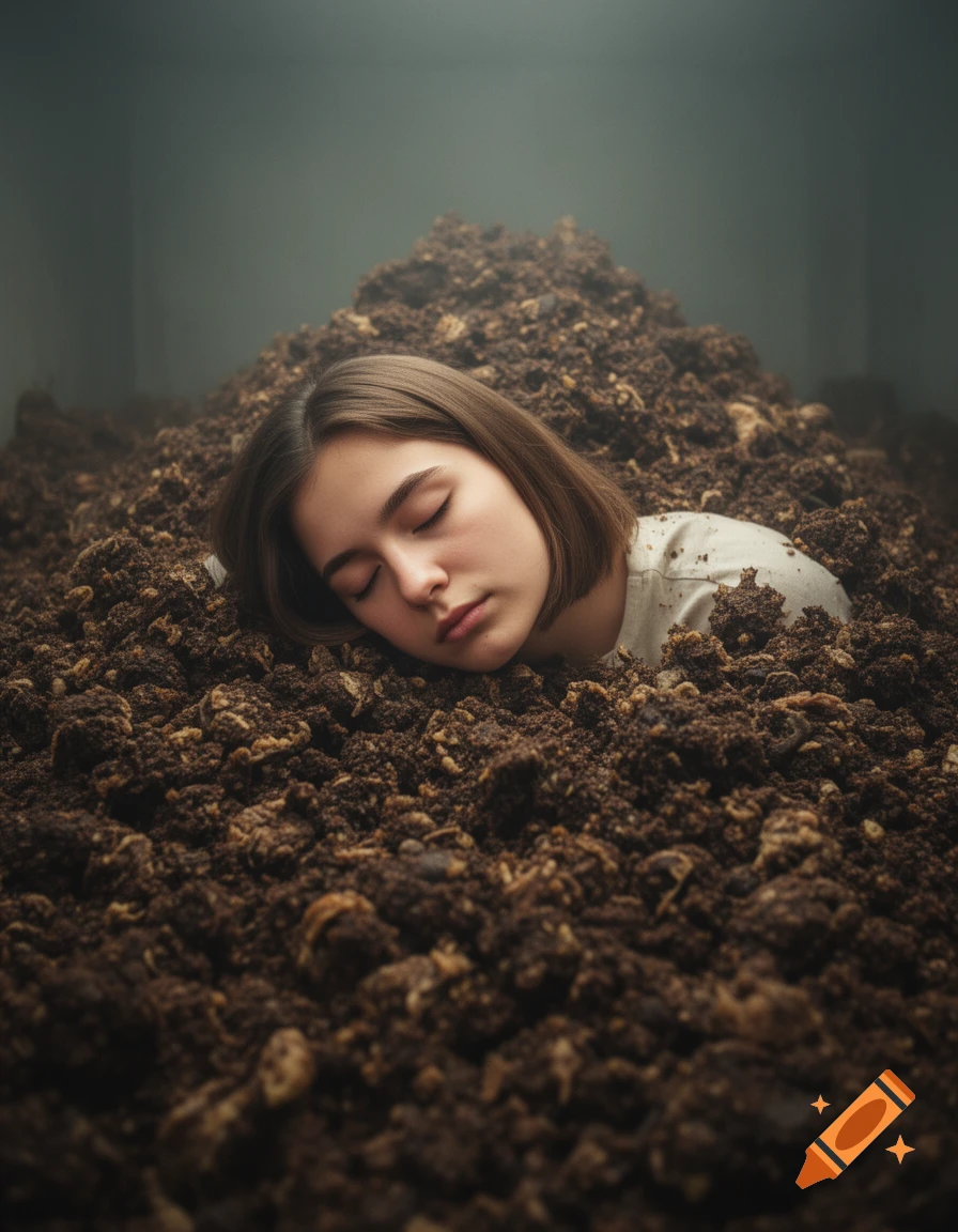 A young woman with short brown hair sleeps peacefully, partially submerged in a large pile of dark brown, lumpy soil.