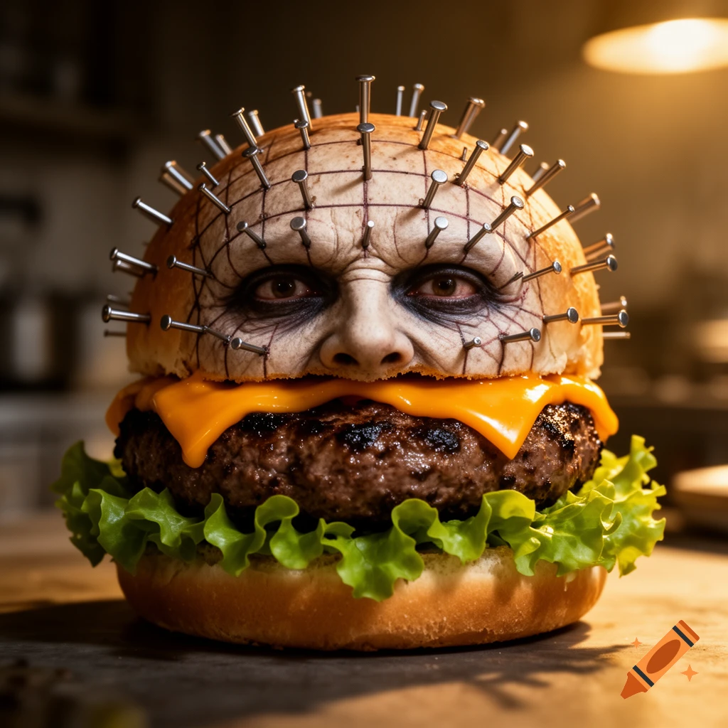 A photorealistic hamburger with a gruesome Pinhead-like face on the top bun, covered in a grid pattern and nails.