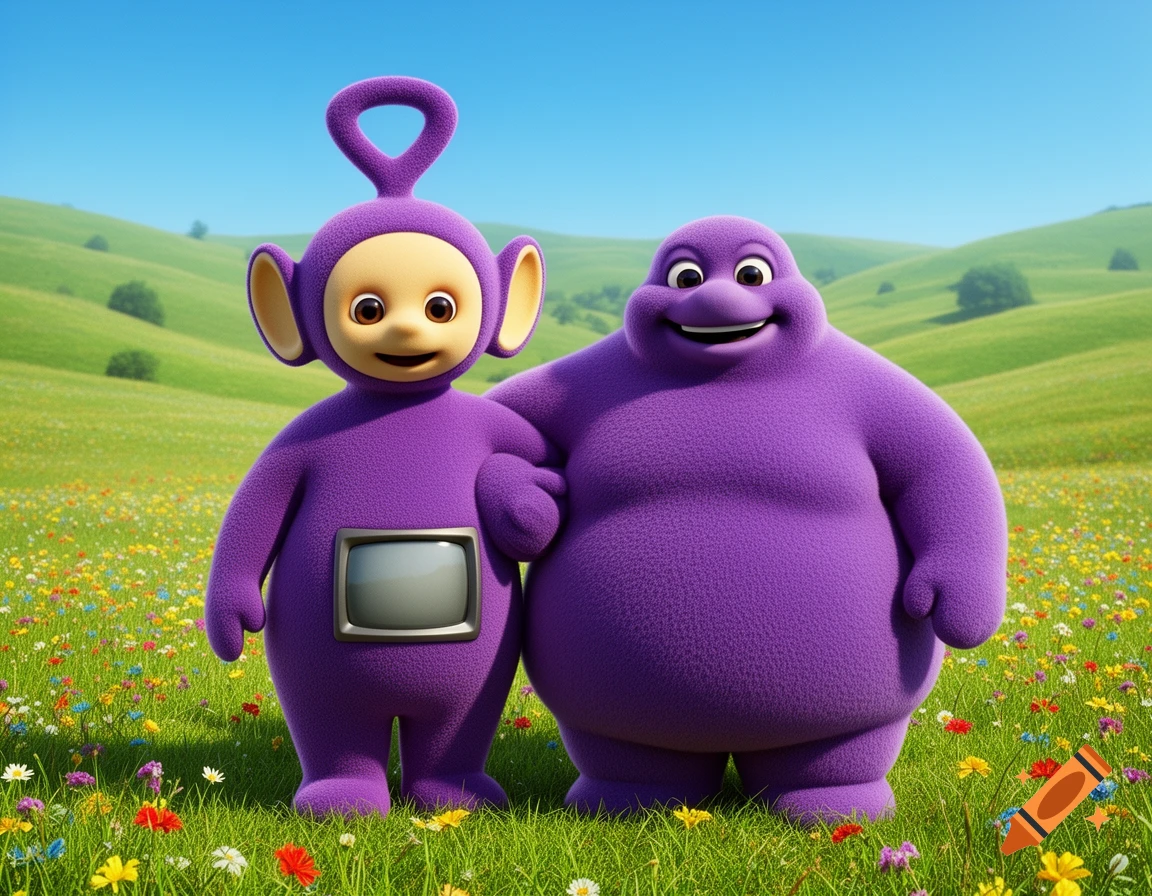 A purple Teletubby and a purple Grimace character stand side-by-side in a vibrant green field filled with colorful flowers under a blue sky.