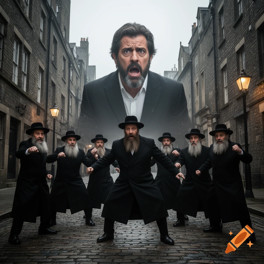 Seven Jewish men in black hats and coats confront a giant, shocked man in a suit on a cobblestone street.