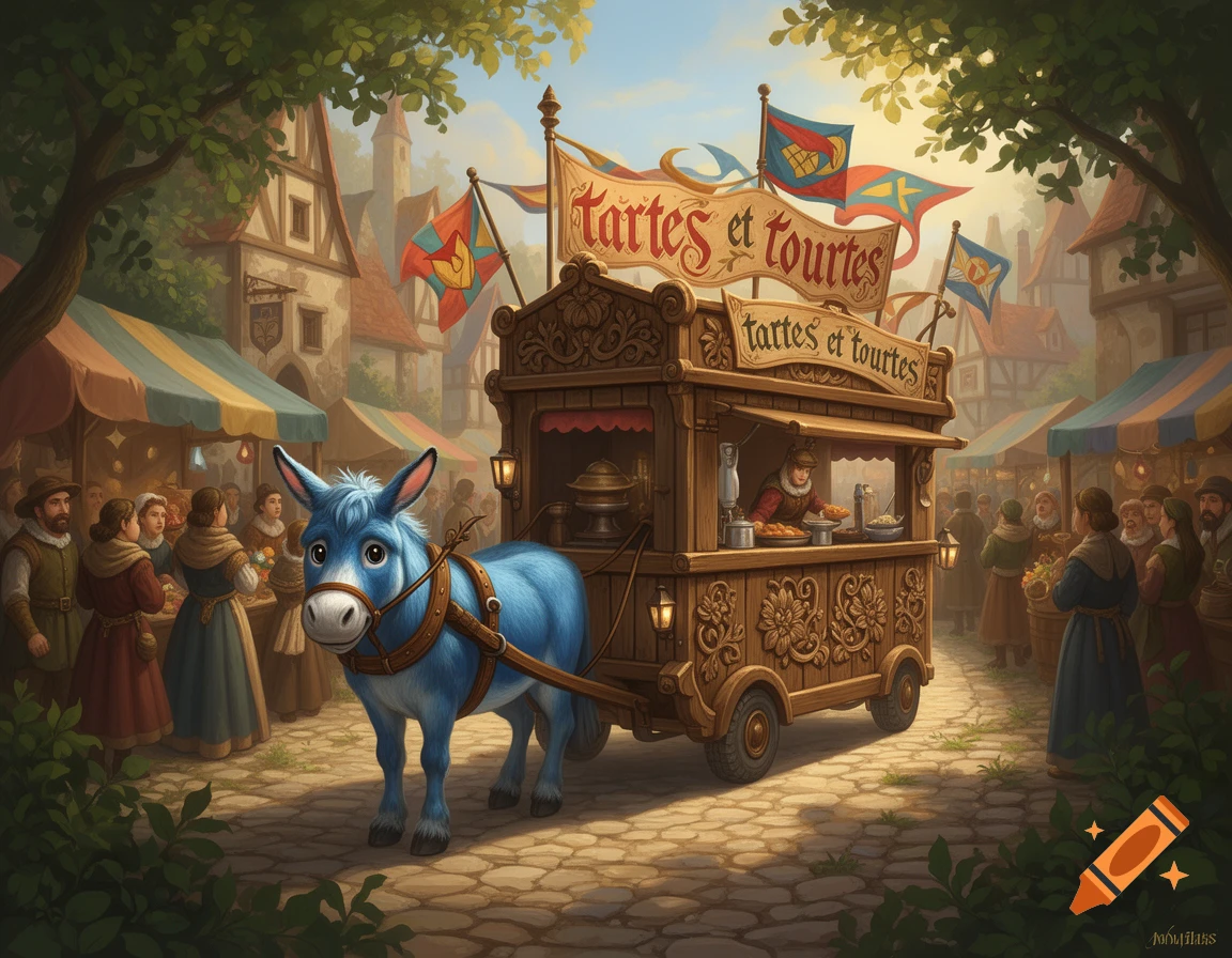 A whimsical blue donkey pulls a wooden food truck selling 'TARTES et TOURTES' through a bustling medieval market.