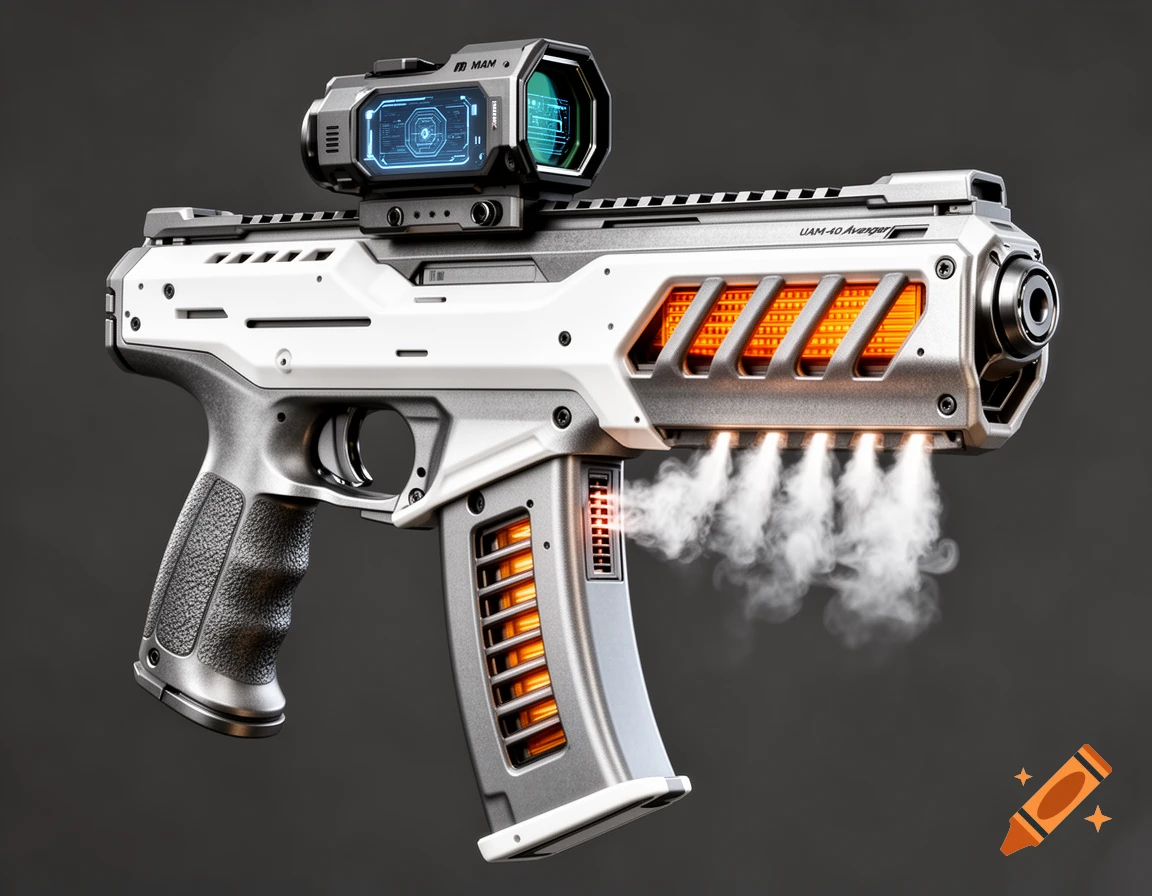 Photorealistic concept art of a futuristic UAM-40 Avenger sci-fi rifle with white and grey finish, orange thermal sink, and venting steam.