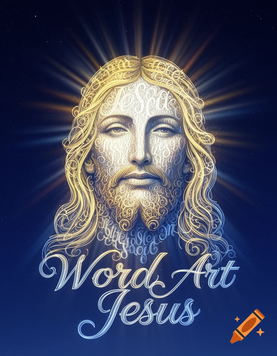 Stylized portrait of Jesus created from glowing golden and white word art, with the text 'Word Art Jesus' below.