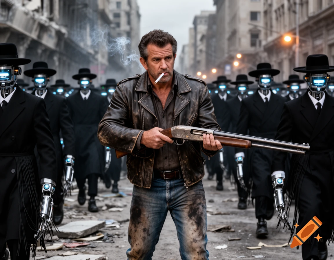 Man with a shotgun and cigarette walks through an urban street, surrounded by an army of robot figures in suits and hats.