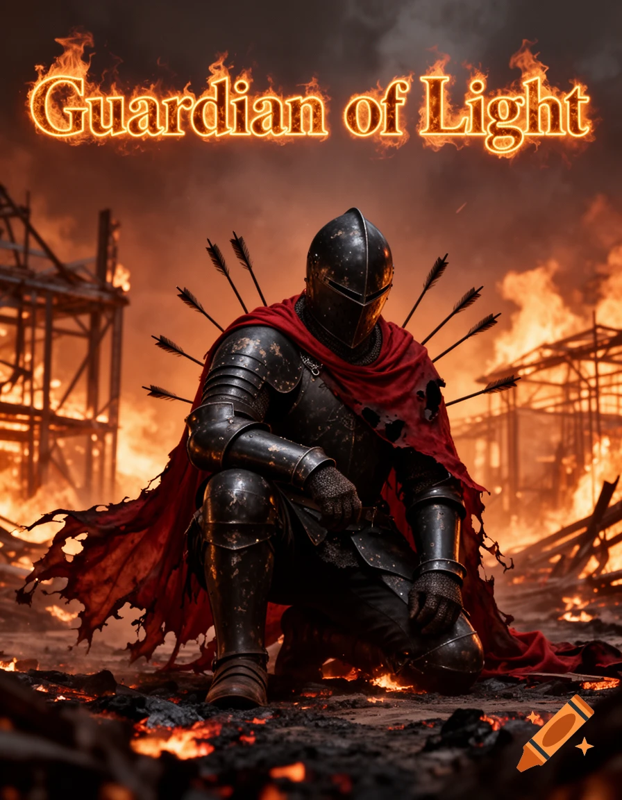 A knight in black armor with a torn red cape and arrows in his back kneels in a burning village. Title: Guardian of Light.