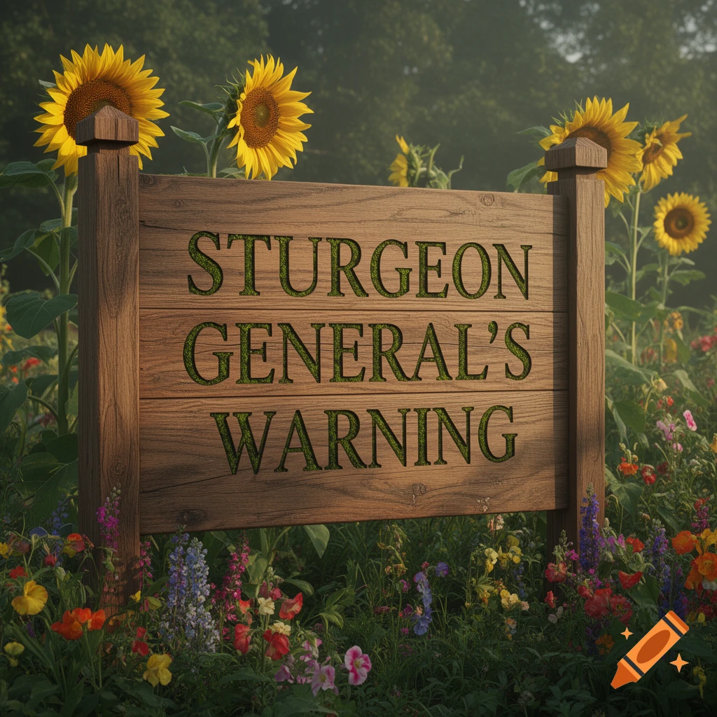 Photorealistic image of a wooden sign reading 'STURGEON GENERAL'S WARNING' amidst a field of vibrant sunflowers and wildflowers.