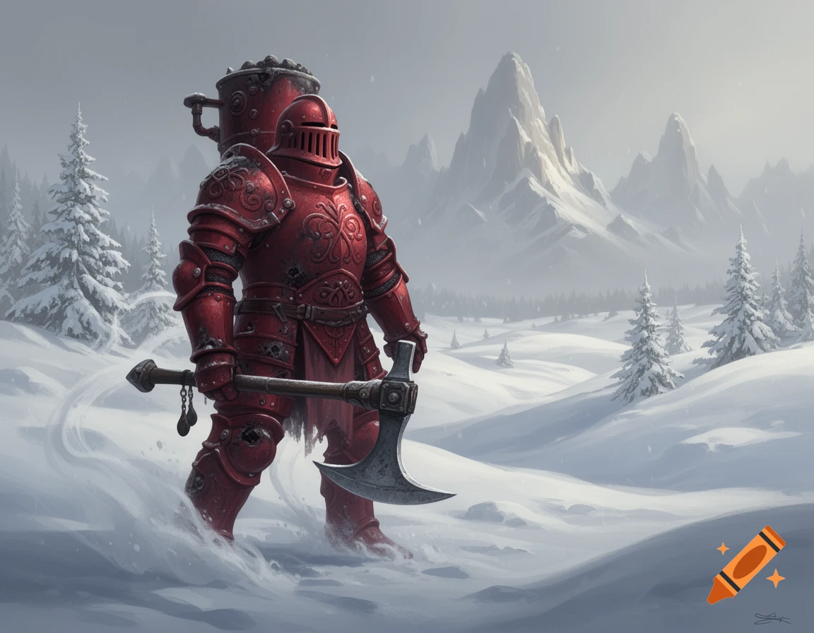 A massive knight in ornate red armor, resembling a coal stove, carries an axe in a snowy mountain landscape, D&D illustration style.
