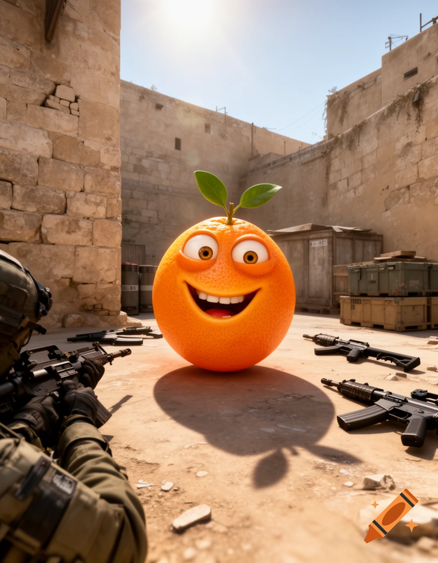 An exaggerated, smiling orange character with leaves on its head stands amidst an array of weapons in a desert combat zone, with a soldier aiming a rifle in the foreground.