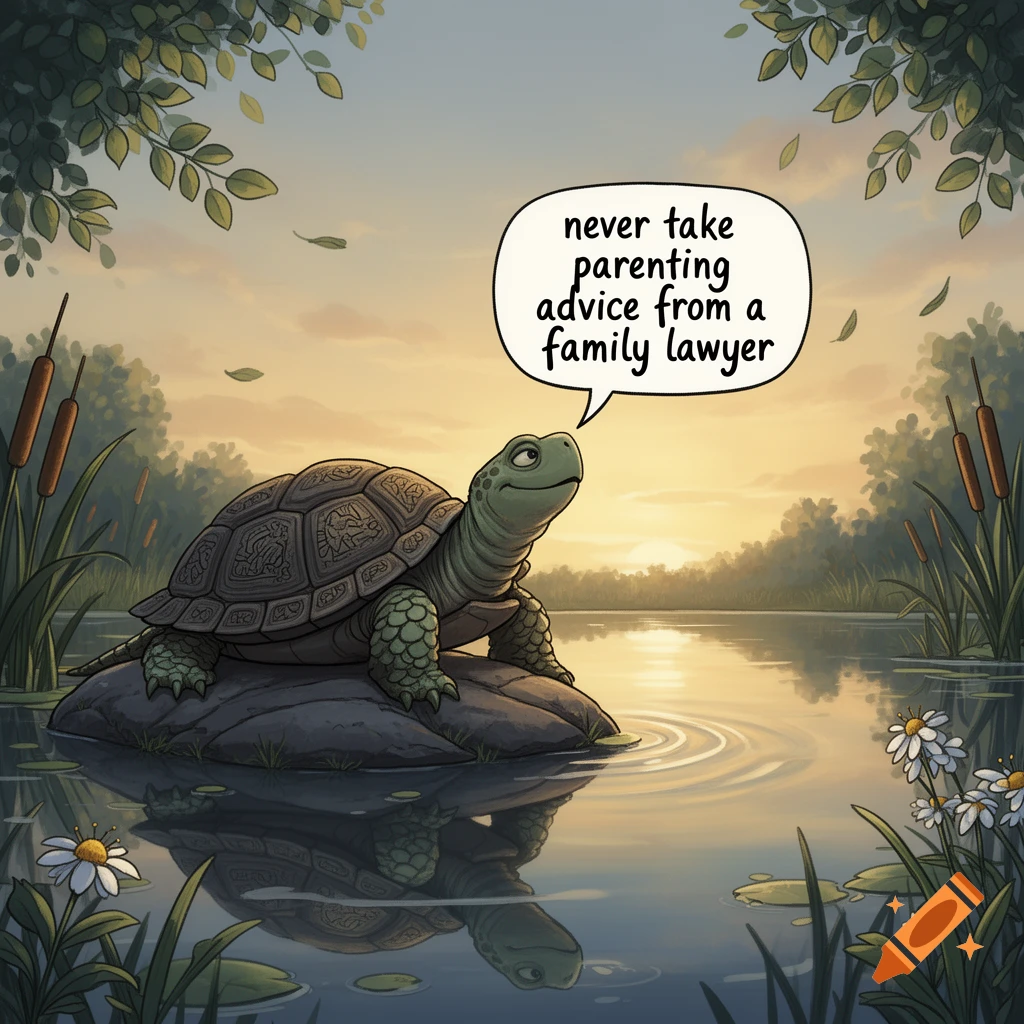 A cartoon turtle sits on a rock in a pond at sunset, with a speech bubble saying "never take parenting advice from a family lawyer."