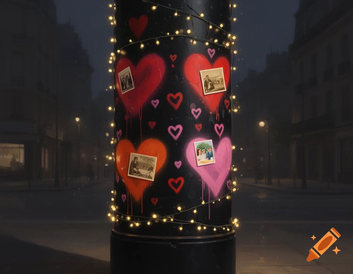 Black lamppost covered in red and pink spray-painted hearts, string lights, and small photos, in a dark urban night scene.