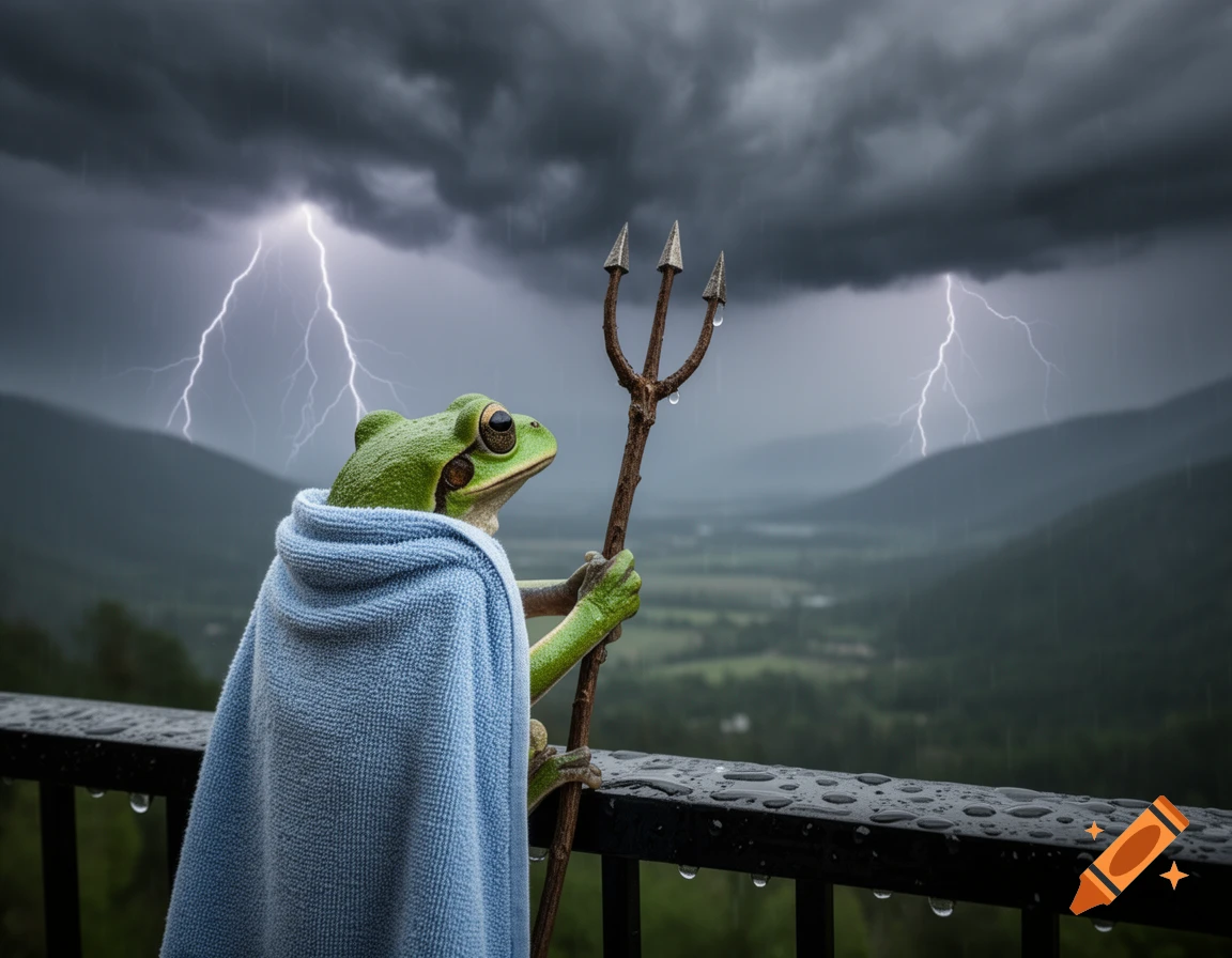 A photorealistic green tree frog in a blue towel cape holds a trident on a rainy balcony, looking at a valley under a stormy sky with lightning.