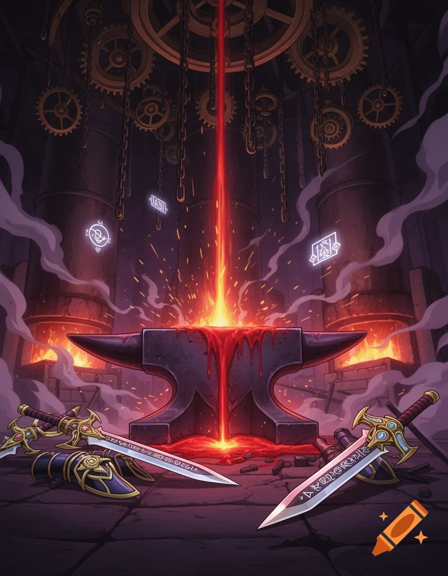 A glowing red beam hits a blacksmith's anvil, spilling molten metal onto two ornate swords in a dark, magical forge.