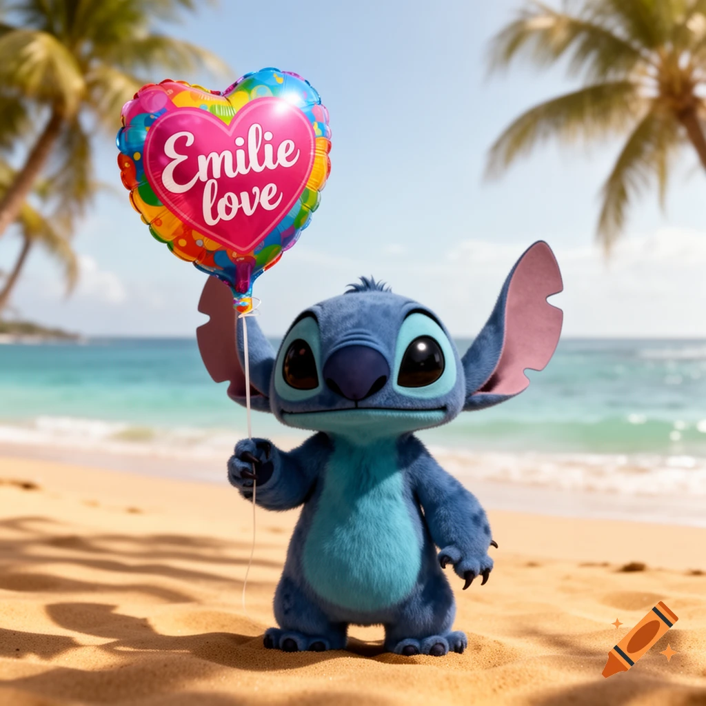 Photorealistic cartoon Stitch stands on a sunny tropical beach, holding a colorful heart-shaped balloon with 'Emilie love' written on it.