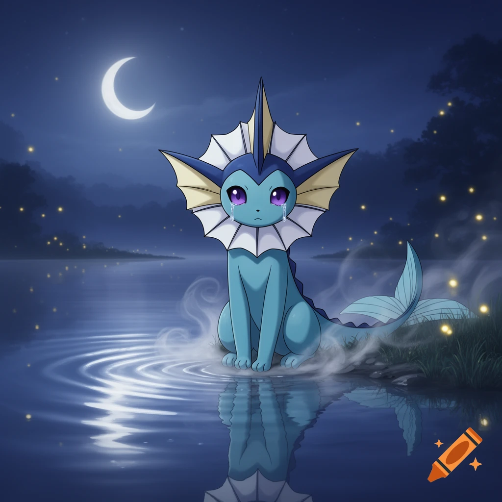 A sad Vaporeon with tears in its eyes sits by a moonlit lake reflecting a crescent moon and fireflies.