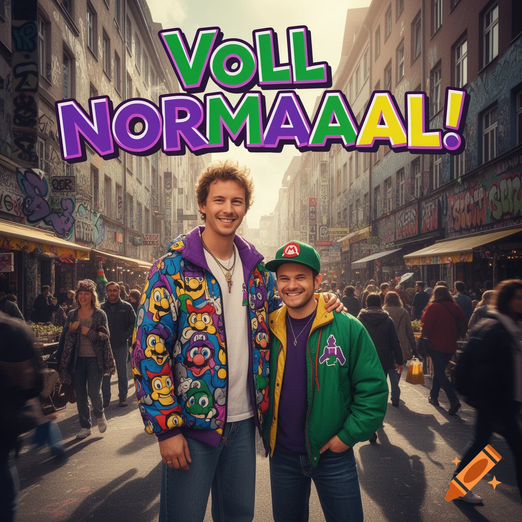 Two men in colorful, cartoon-themed jackets and a Mario hat smile on a busy city street under the text 'VOLL NORMAAL!'