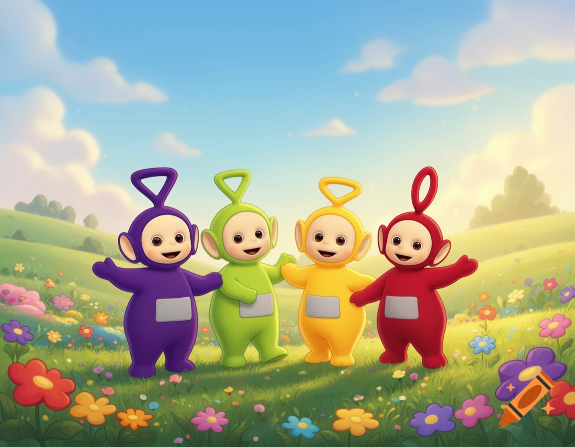 A vibrant illustration of four Teletubbies (purple, green, yellow, red) standing in a flowery green field under a blue sky.